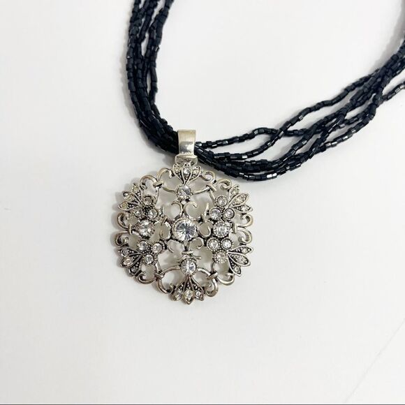 Premier Designs Black multi strand necklace with removable crystal Pendant - Picture 3 of 4